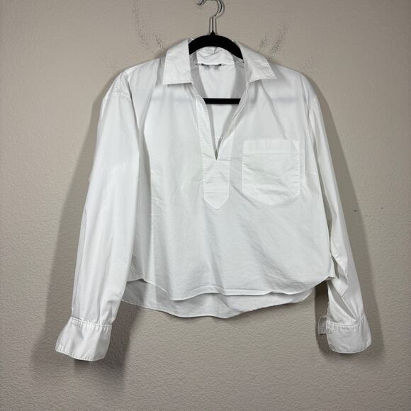 Veronica Beard 8 Poplin Shirt White Khai Cotton Blend Split Neck Long Sleeves - Picture 2 of 10